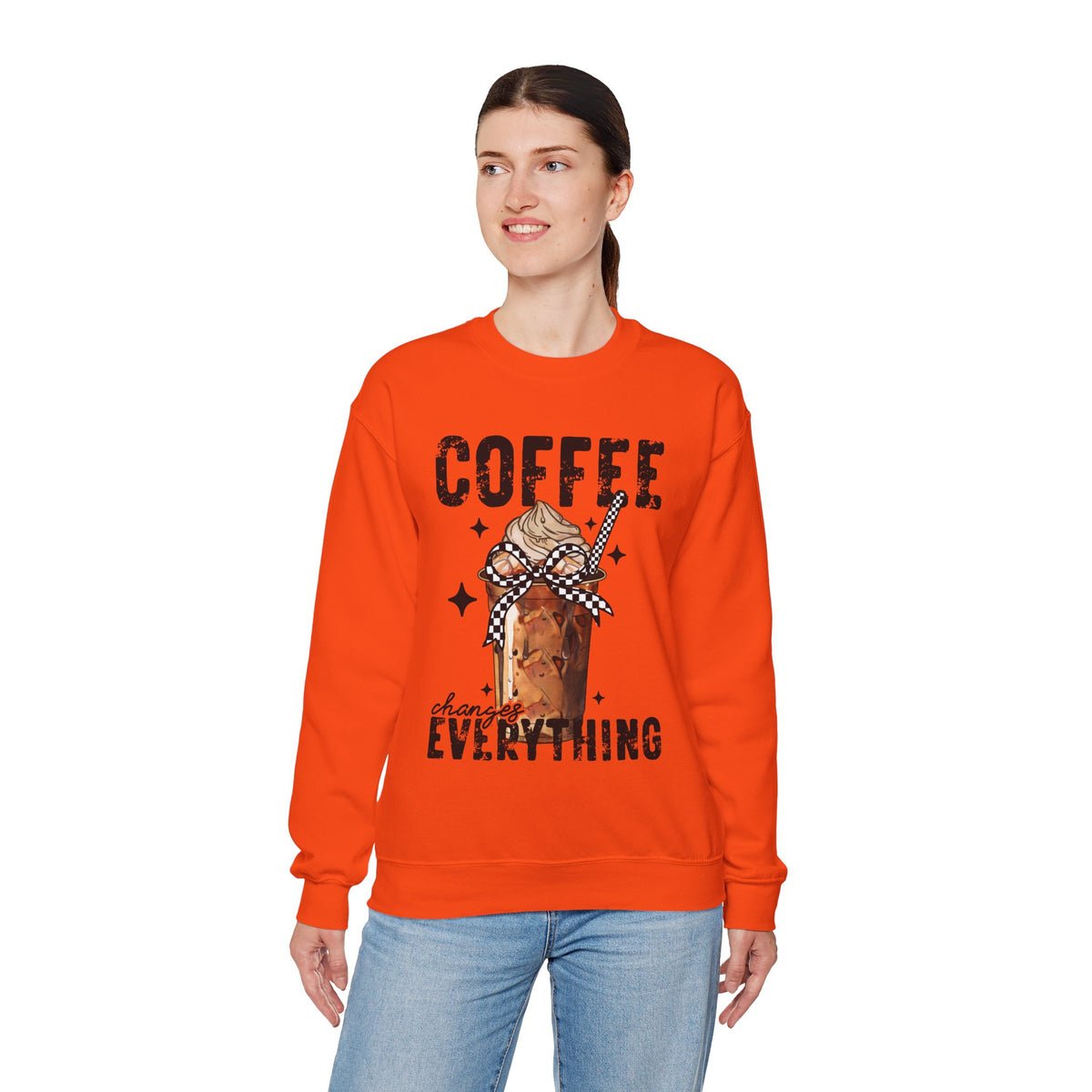 Coffee Changes Everything, Iced Coffee, Coffee Lovers – Gildan Heavy Blend | Trendy Women’s Soft Sweatshirt. Direct to Garment. Printed & Shipped in the USA. Unisex Sizes.