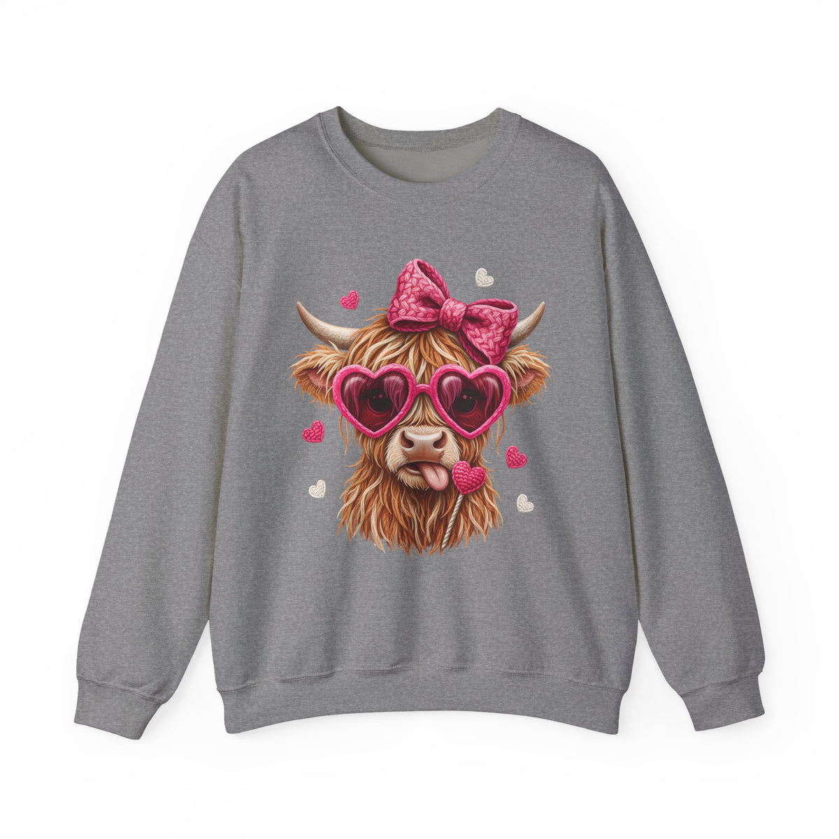 Highland Cow - Pink Heart Shaped Glasses – Gildan Heavy Blend | Trendy Women’s Soft Sweatshirt. Direct to Garment. Printed & Shipped in the USA. Unisex Sizes.