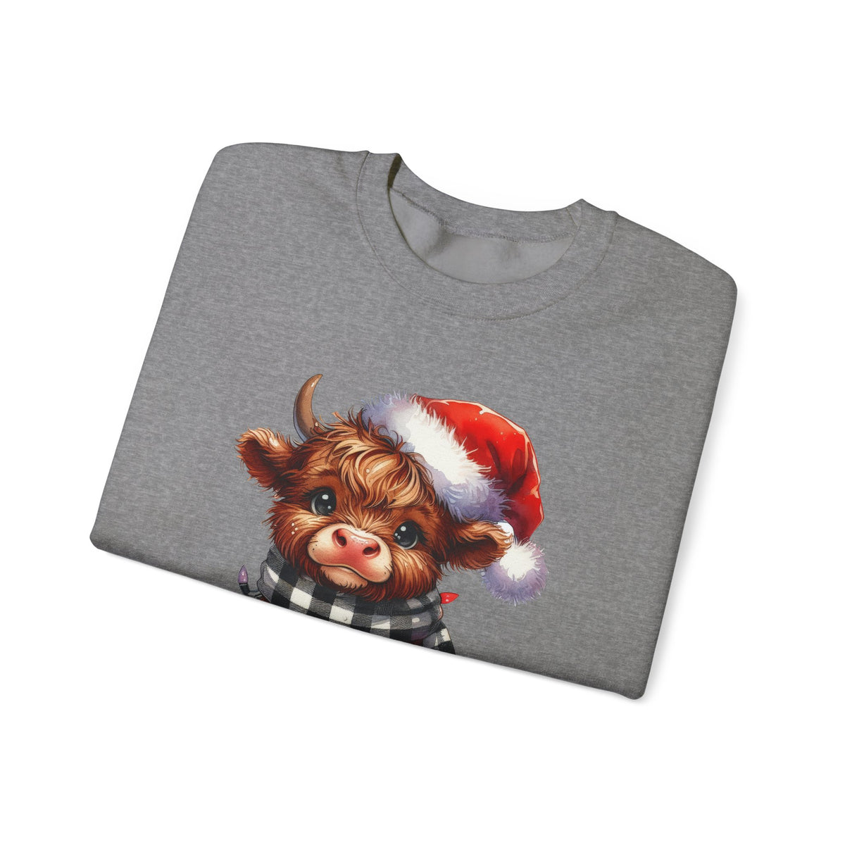 Cute Highland Cow Santa Hat Scarf Christmas Lights – Gildan Heavy Blend | Trendy Women’s Soft Sweatshirt. Direct to Garment. Printed & Shipped in the USA. Unisex Sizes.