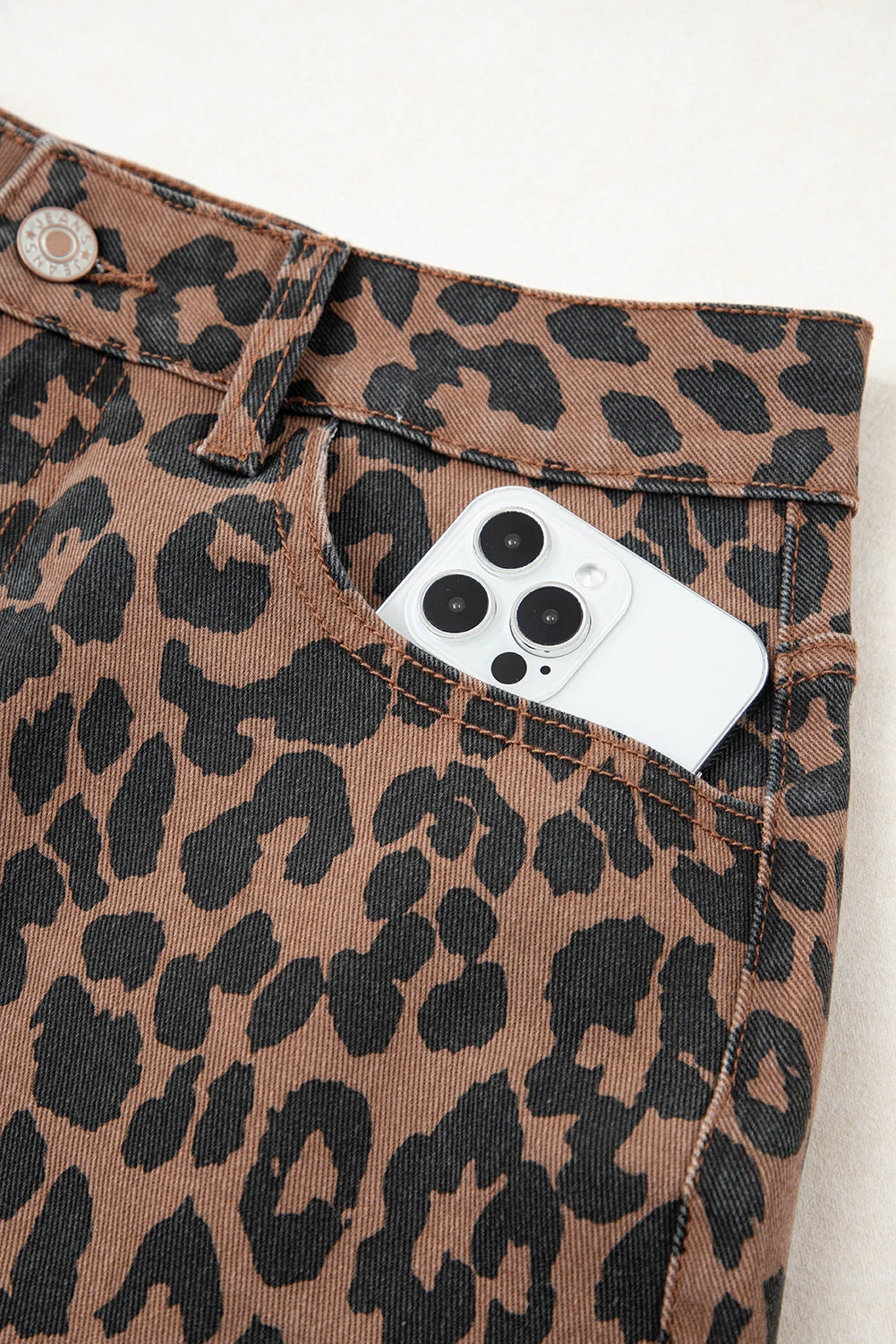 Brown Leopard Frayed-Bottom Denim Skirt with Slit