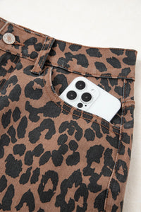 Brown Leopard Frayed-Bottom Denim Skirt with Slit
