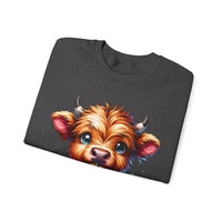 Coffee Addict Highland Cow Drinking Iced Coffee – Gildan Heavy Blend | Trendy Women’s Soft Sweatshirt. Direct to Garment. Printed & Shipped in the USA. Unisex Sizes.