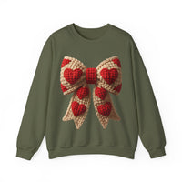 Faux Crochet Valentine Bow – Gildan Heavy Blend | Trendy Women’s Soft Sweatshirt. Direct to Garment. Printed & Shipped in the USA. Unisex Sizes.