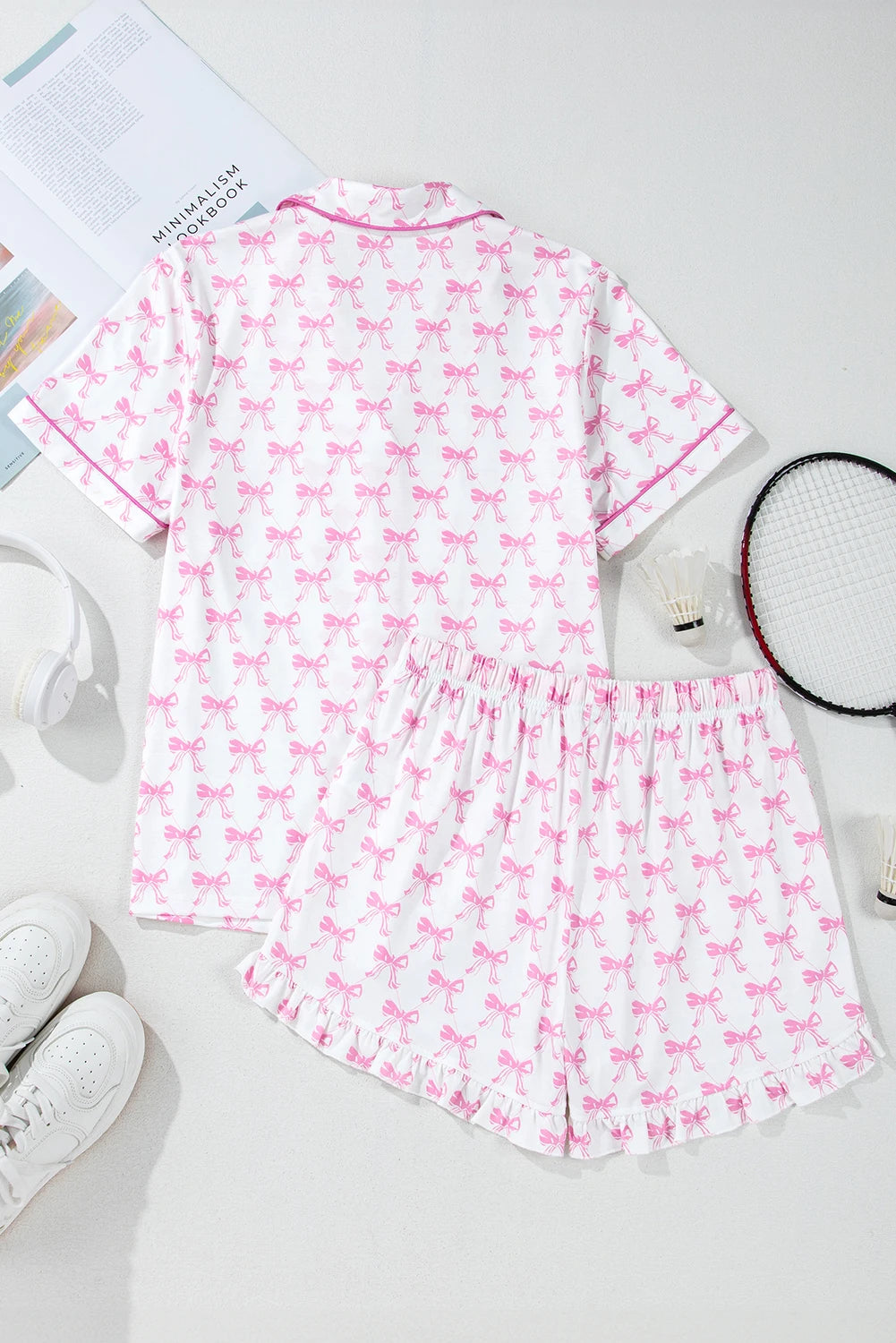 Millie Pink and White Bow Ruffled Shorts 2pc Pajama Set