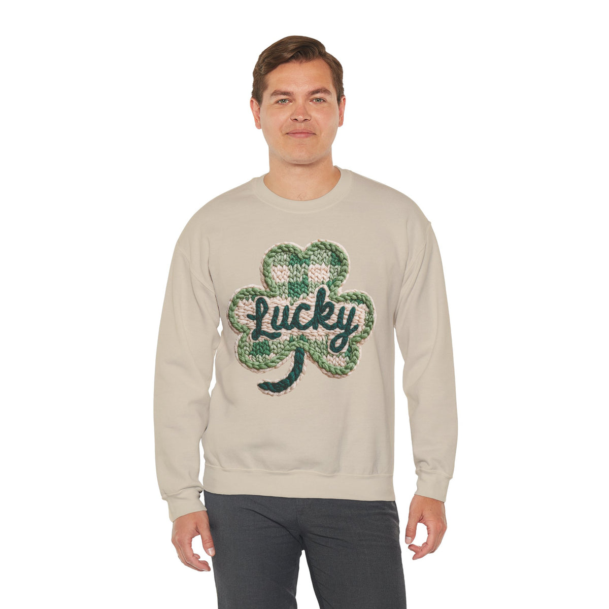 Lucky Shamrock Faux Knit – Gildan Heavy Blend | Trendy Men's and Women’s Soft Sweatshirt. Direct to Garment. Printed & Shipped in the USA. Unisex Sizes.