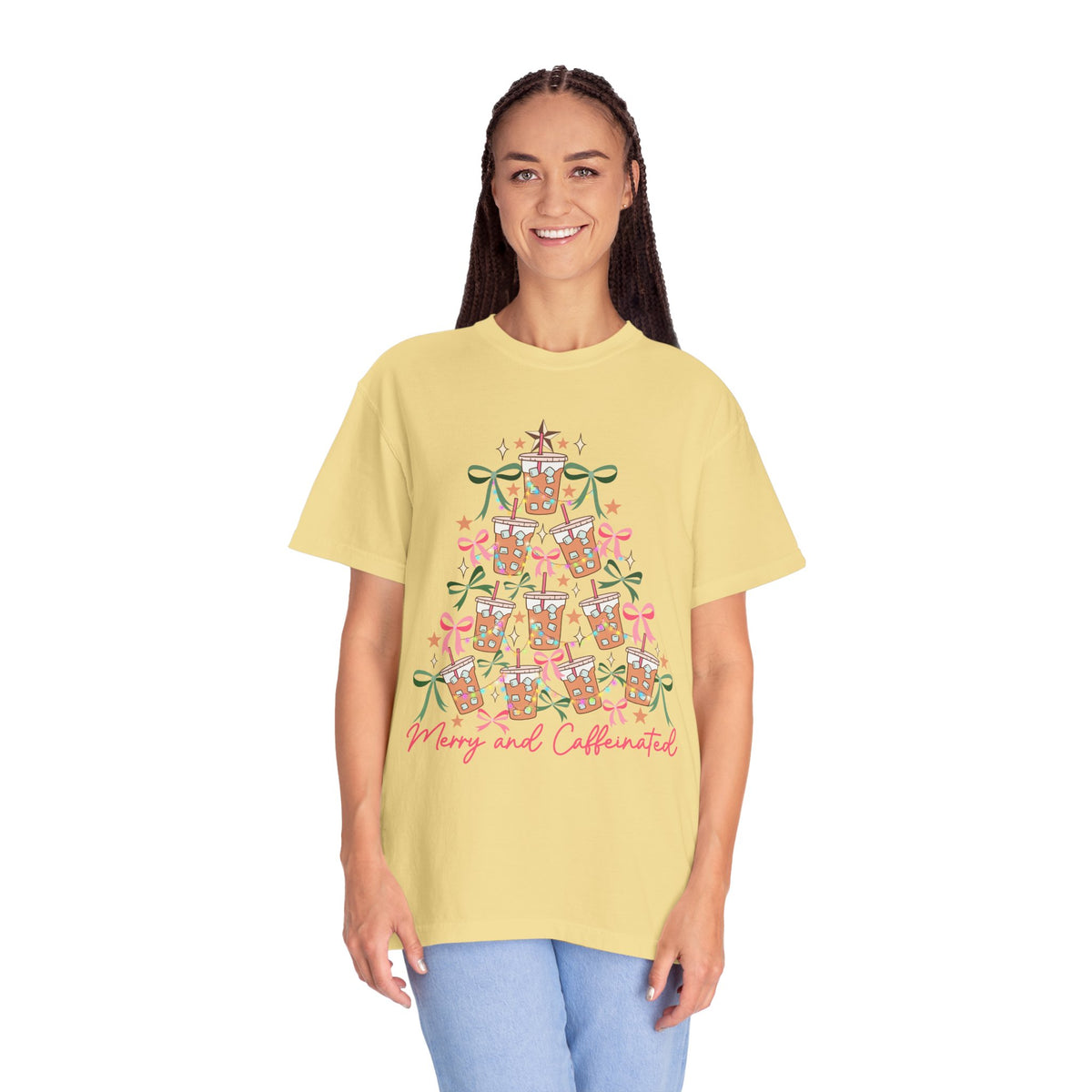 Merry and Caffeinated Iced Coffee Christmas Tree - Comfort Colors | Trendy Women's T-Shirt. Direct to Garment. Printed & Shipped in the USA. Unisex Sizes.