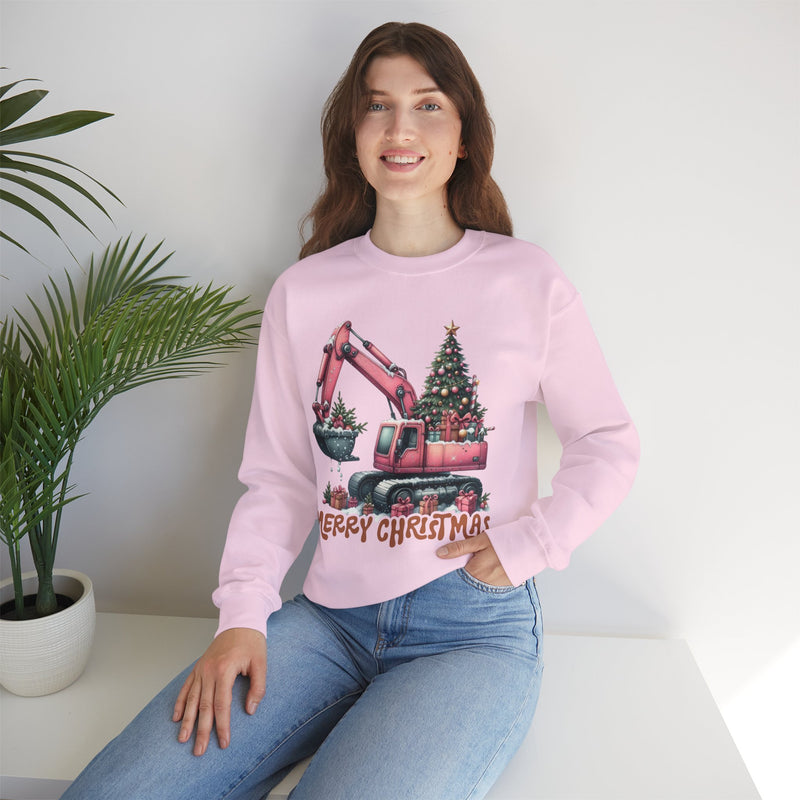 Excavator Merry Christmas Construction – Gildan Heavy Blend | Trendy Women’s Soft Sweatshirt. Direct to Garment. Printed & Shipped in the USA. Unisex Sizes.
