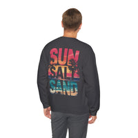 Sun Salt Sand, Beach Sunset - Front & Back Print – Gildan Heavy Blend | Trendy Women’s and Men's Soft Sweatshirt. Direct to Garment. Printed & Shipped in the USA. Unisex Sizes.