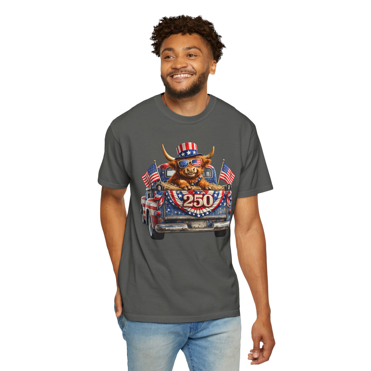 Patriotic Highland, America's 250th Birthday - Comfort Colors | Trendy Women's and Men's T-Shirt. Direct to Garment. Printed & Shipped in the USA. Unisex Sizes.