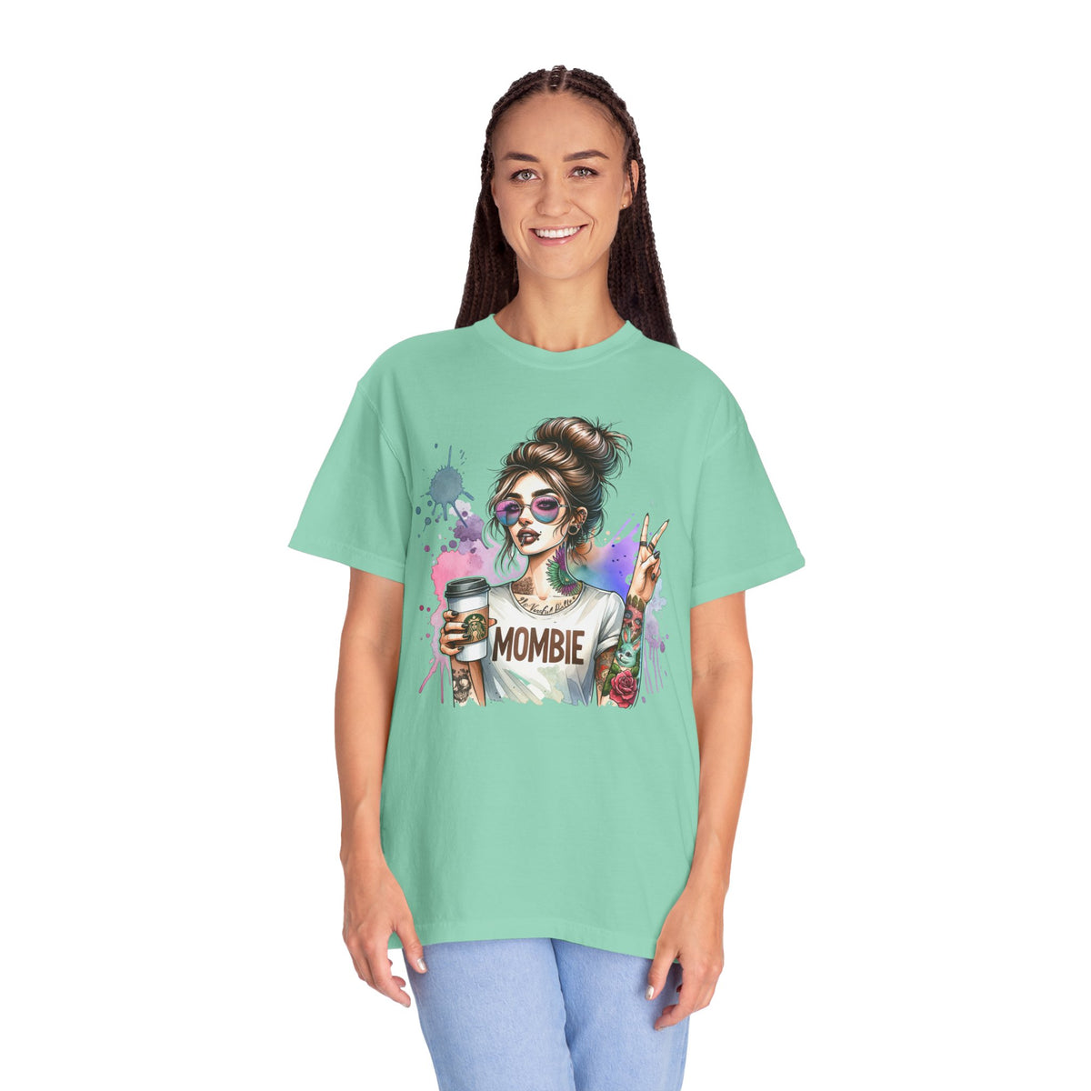 Cool Mombie with Coffee Peace Tattoo - Comfort Colors | Trendy Women's T-Shirt. Direct to Garment. Printed & Shipped in the USA. Unisex Sizes.