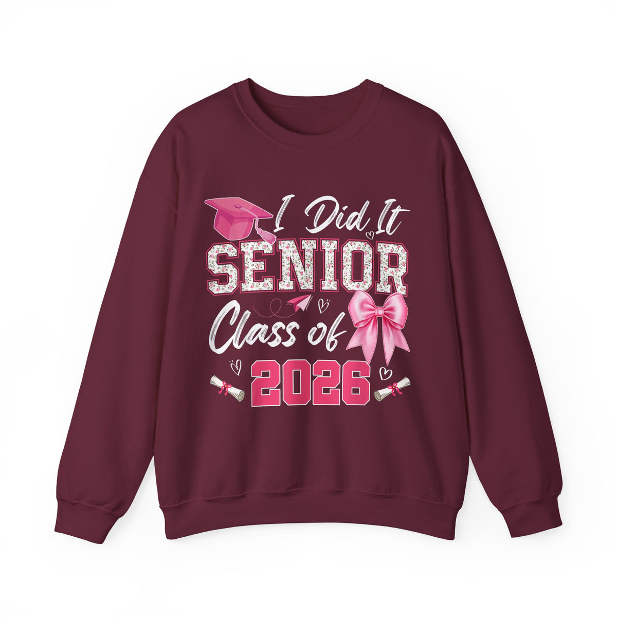 Class of 2026 I Did It Senior Coquette Bow Graduation – Gildan Heavy Blend | Trendy Women’s Soft Sweatshirt. Direct to Garment. Printed & Shipped in the USA. Unisex Sizes.