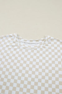 Khaki & White 2pc Checkered Print Half Sleeve Loungewear with Pockets