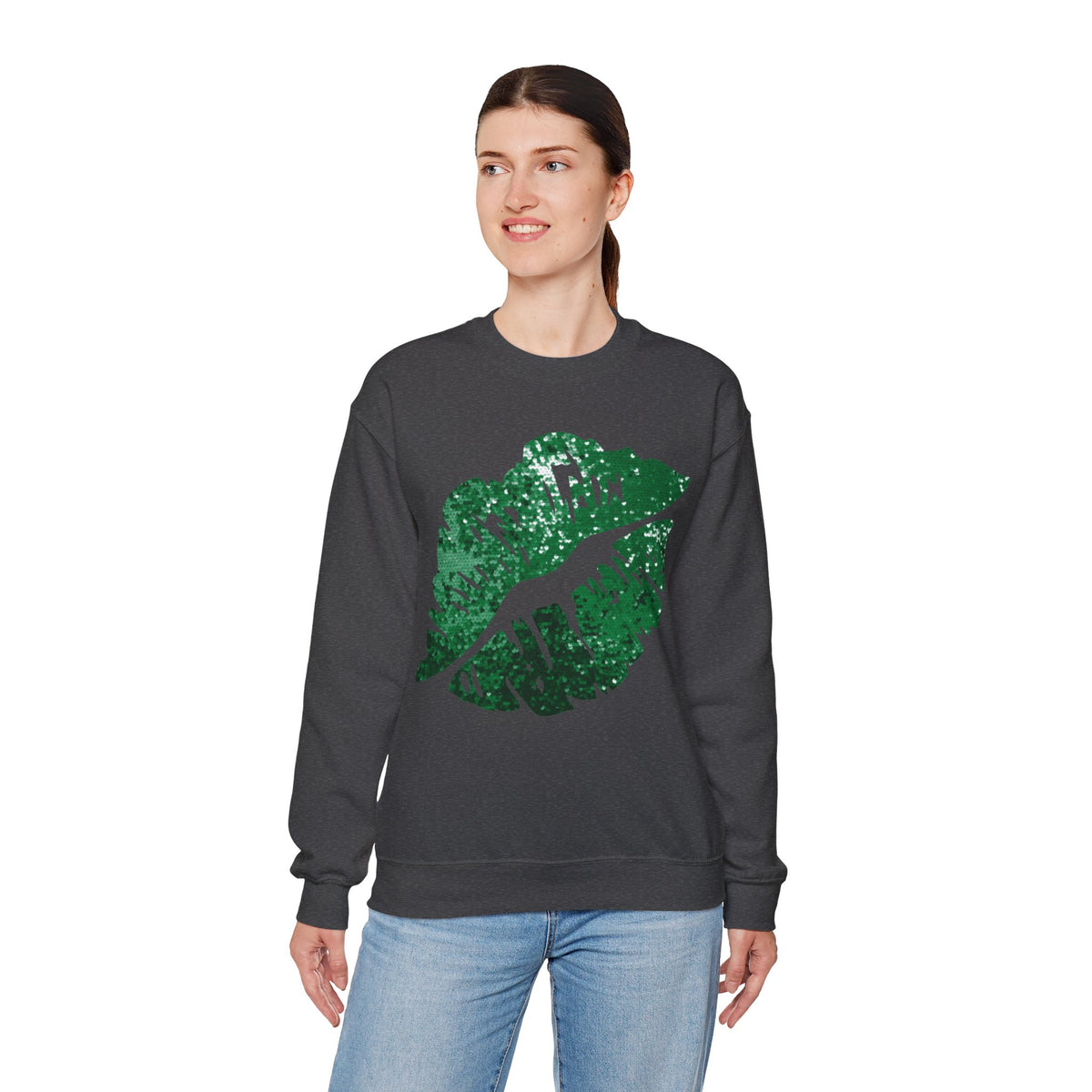 Green Faux Glitter Kiss – Gildan Heavy Blend | Trendy Women’s Soft Sweatshirt. Direct to Garment. Printed & Shipped in the USA. Unisex Sizes.