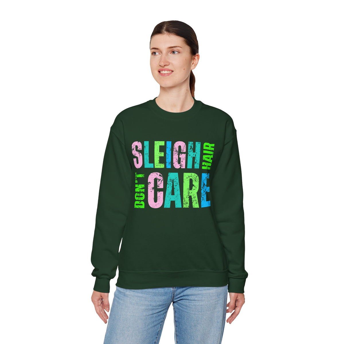 Sleigh Hair Don’t Care, Funny Christmas Graphic Tee – Gildan Heavy Blend | Trendy Women’s Soft Sweatshirt. Direct to Garment. Printed & Shipped in the USA. Unisex Sizes.