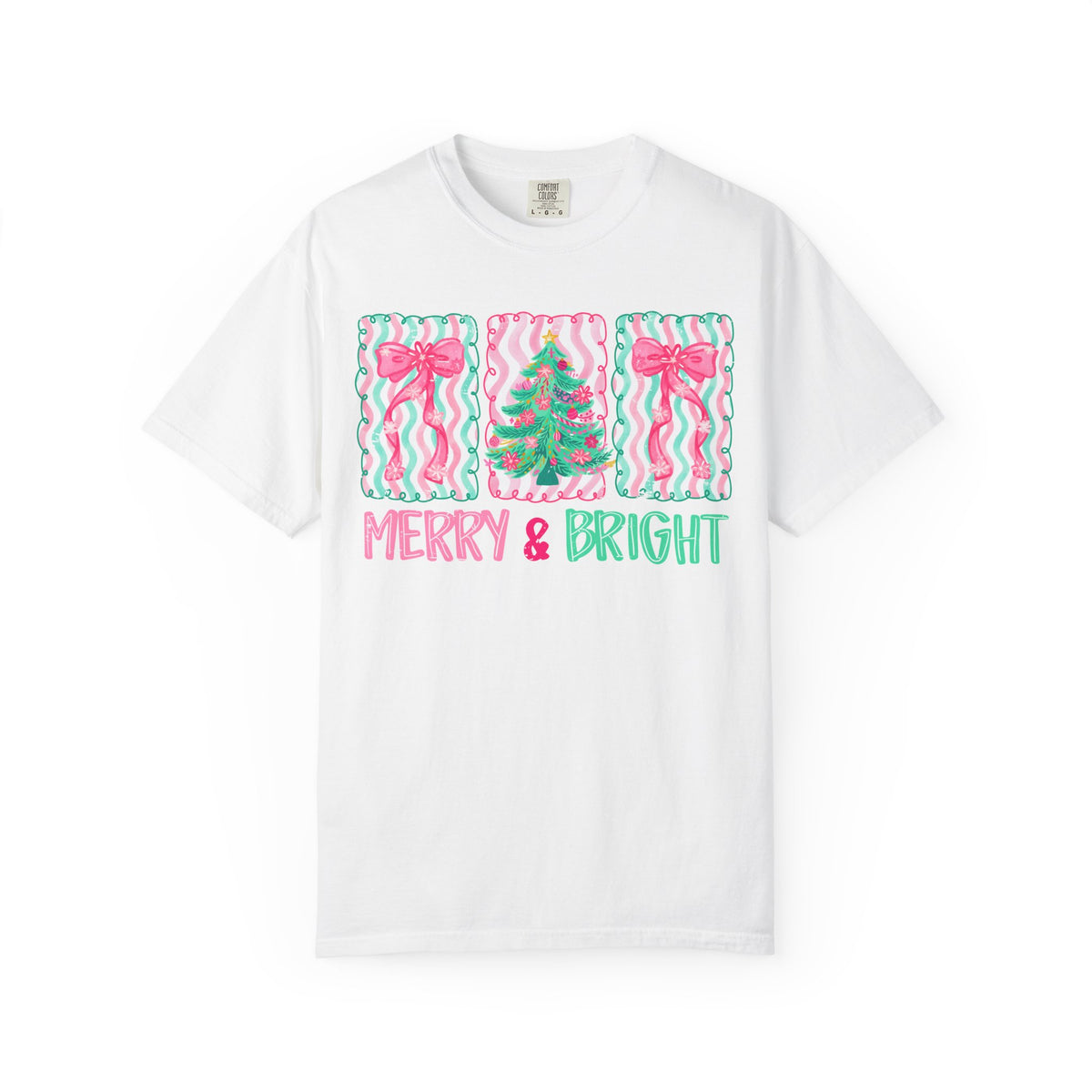 Merry & Bright Christmas — Pink & Green Holiday Tree Design - Comfort Colors | Trendy Women's T-Shirt. Direct to Garment. Printed & Shipped in the USA. Unisex Sizes.