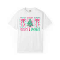Merry & Bright Christmas — Pink & Green Holiday Tree Design - Comfort Colors | Trendy Women's T-Shirt. Direct to Garment. Printed & Shipped in the USA. Unisex Sizes.