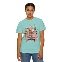Highland Cow in Pink Truck Merry Christmas Holiday Farmhouse - Comfort Colors | Trendy Women's T-Shirt. Direct to Garment. Printed & Shipped in the USA. Unisex Sizes.