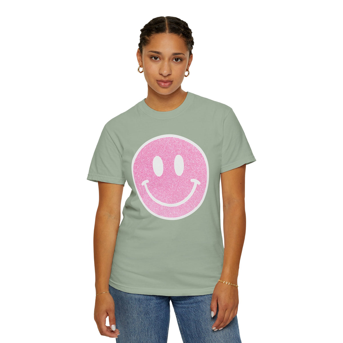 Faux Glitter Smiley - Comfort Colors | Trendy Women's T-Shirt. Direct to Garment. Printed & Shipped in the USA. Unisex Sizes.