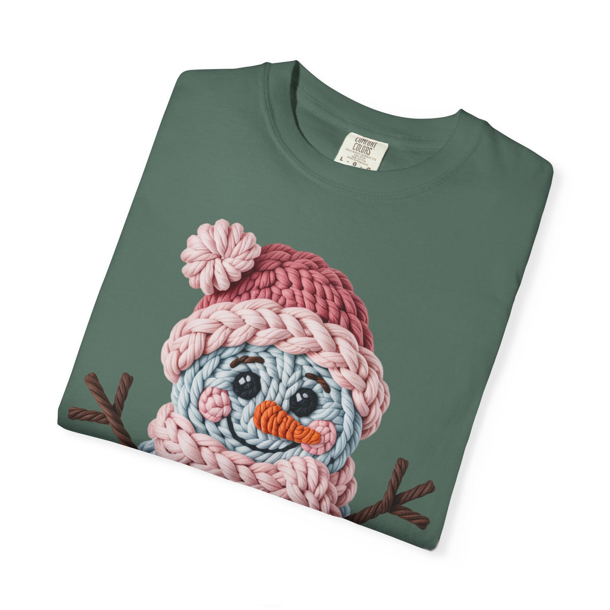 Cute Yarn Snowman - Pink Scarf - Comfort Colors | Trendy Women's T-Shirt. Direct to Garment. Printed & Shipped in the USA. Unisex Sizes.