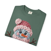 Cute Yarn Snowman - Pink Scarf - Comfort Colors | Trendy Women's T-Shirt. Direct to Garment. Printed & Shipped in the USA. Unisex Sizes.