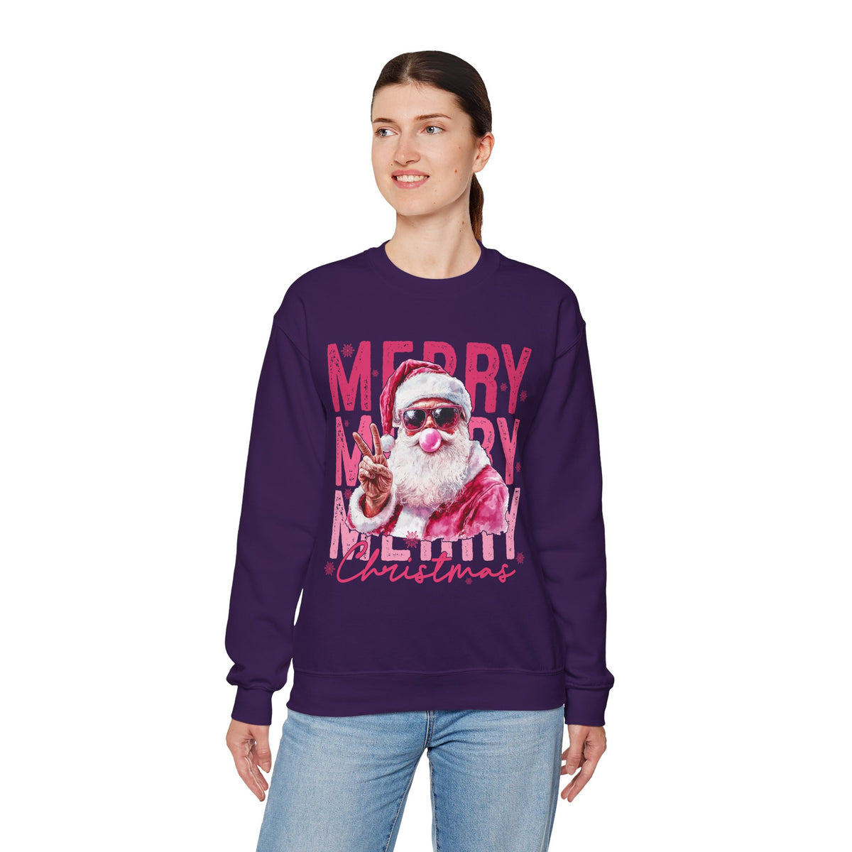 Pink Merry Christmas Bubblegum Santa – Gildan Heavy Blend | Trendy Women’s Soft Sweatshirt. Direct to Garment. Printed & Shipped in the USA. Unisex Sizes.