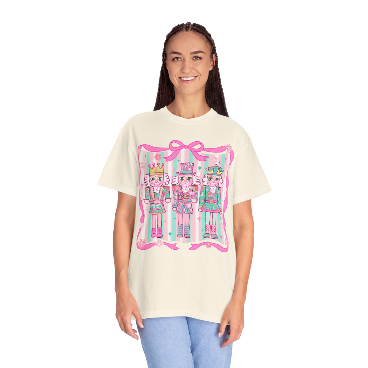 Coquette Pastel Christmas Nutcracker Trio Pink and Green - Comfort Colors | Trendy Women's T-Shirt. Direct to Garment. Printed & Shipped in the USA. Unisex Sizes.