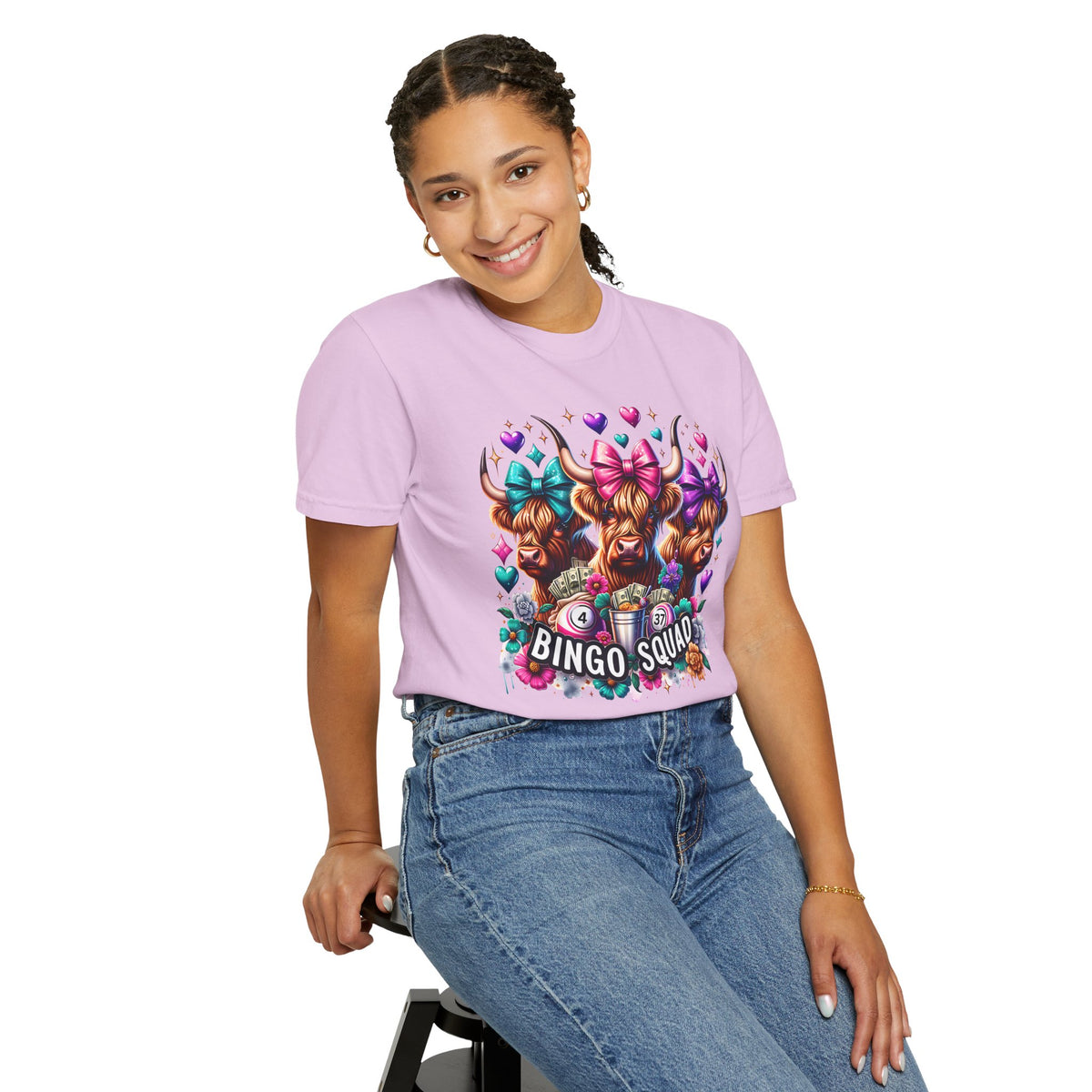 Cute Highland Cows Bingo Squad - Comfort Colors | Trendy Women's T-Shirt. Direct to Garment. Printed & Shipped in the USA. Unisex Sizes.