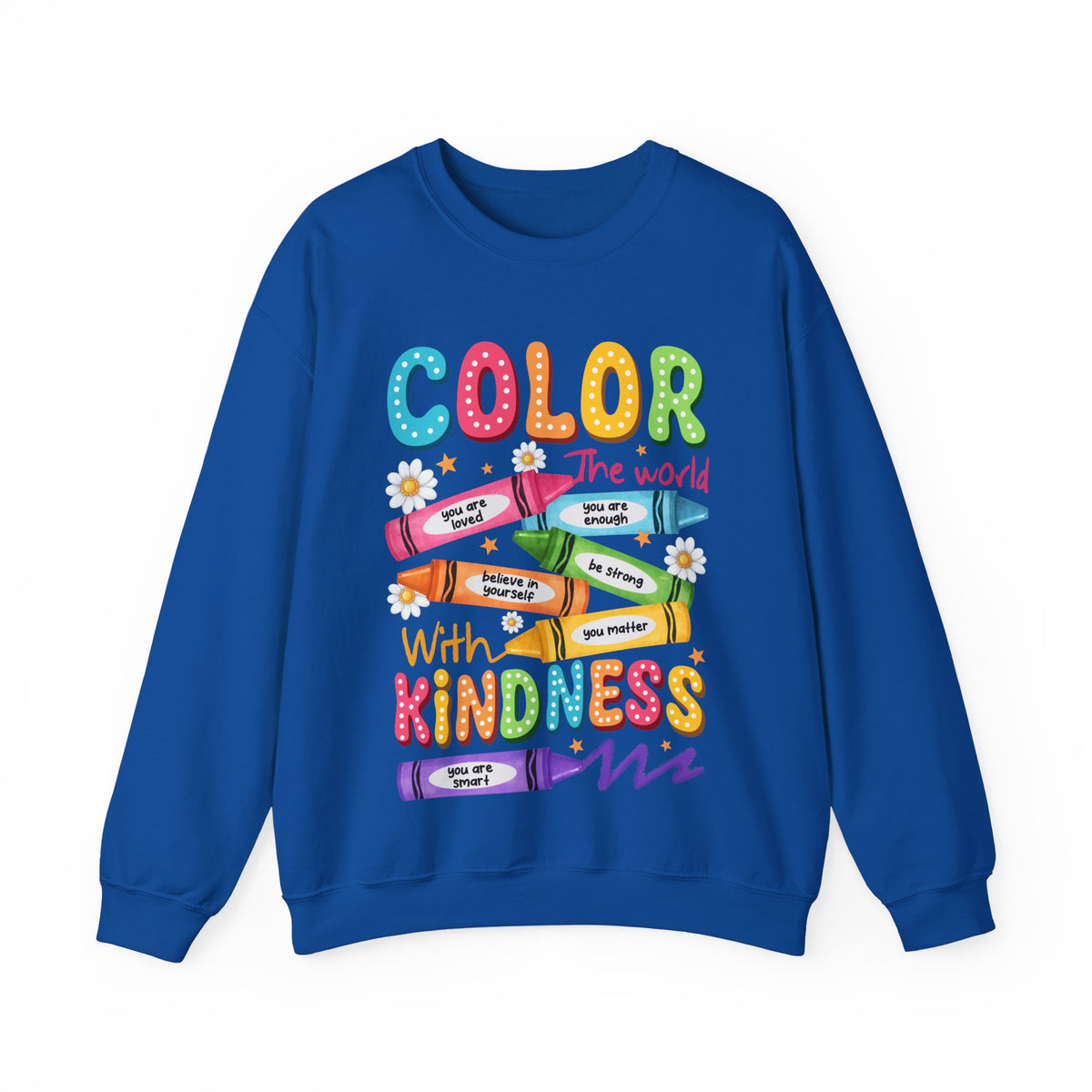 Color the World With Kindness Crayons, Great Teacher Gift – Gildan Heavy Blend | Trendy Women’s and Men's Soft Sweatshirt. Direct to Garment. Printed & Shipped in the USA. Unisex Sizes.