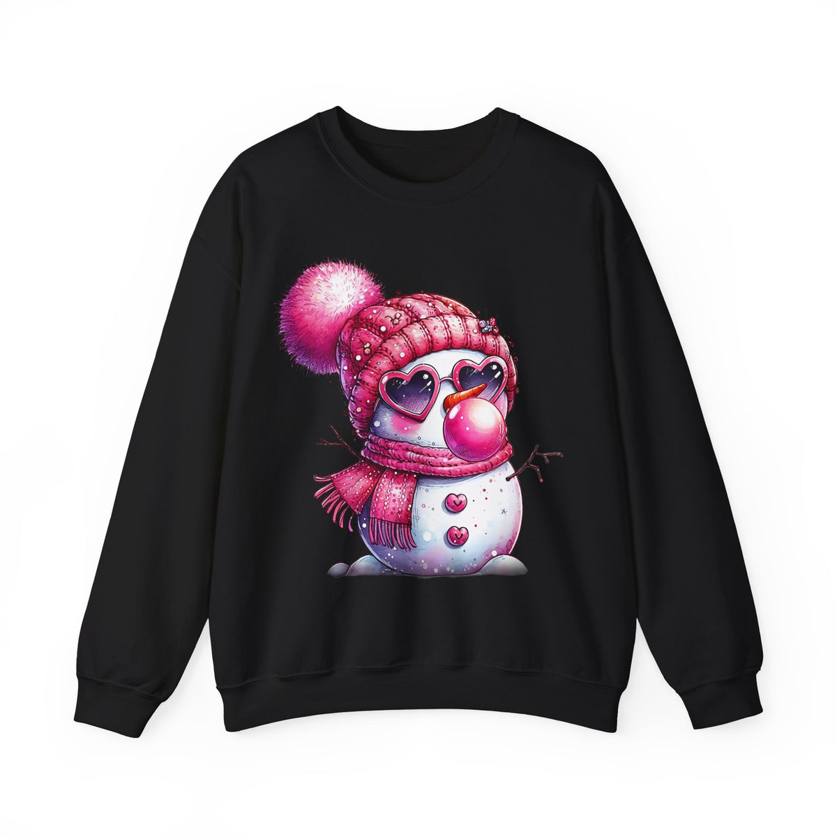 Pink Girly Snowman with Heart Sunglasses and Bubblegum - Winter – Gildan Heavy Blend | Trendy Women’s Soft Sweatshirt. Direct to Garment. Printed & Shipped in the USA. Unisex Sizes.