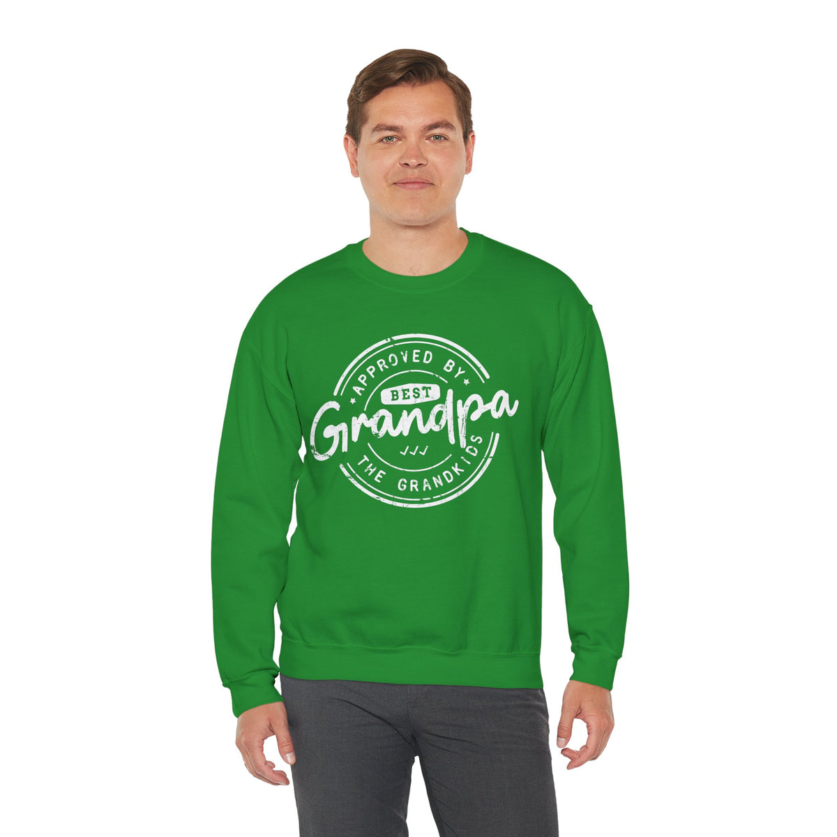 Best Grandpa, Approved by the Grandkids – Gildan Heavy Blend | Trendy Men's Soft Sweatshirt. Direct to Garment. Printed & Shipped in the USA. Unisex Sizes.