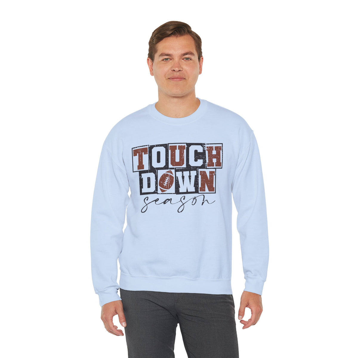 Touchdown Season - Distressed – Gildan Heavy Blend | Trendy Men's and Women’s Soft Sweatshirt. Direct to Garment. Printed & Shipped in the USA. Unisex Sizes.
