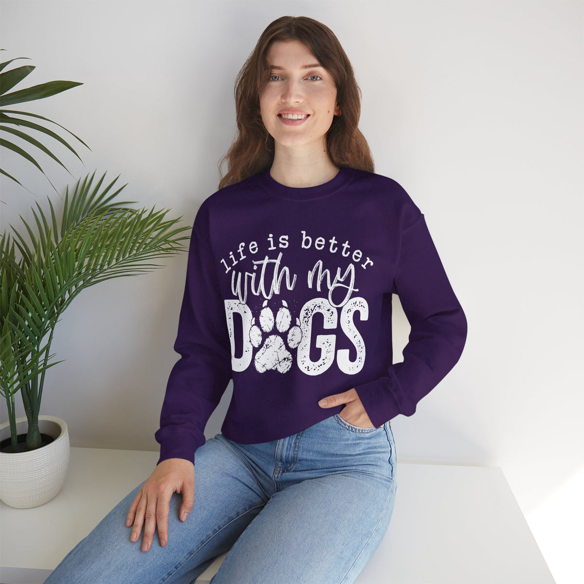 Life Is Better With My Dogs, Distressed – Gildan Heavy Blend | Trendy Women’s and Men's Soft Sweatshirt. Direct to Garment. Printed & Shipped in the USA. Unisex Sizes.