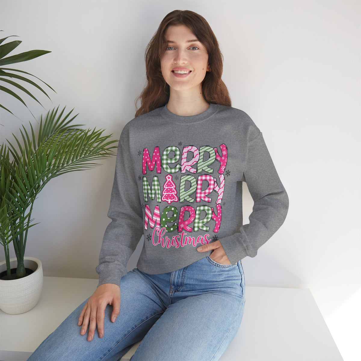 Merry Merry Merry Christmas Festive Candy Cane - Pink and Green – Gildan Heavy Blend | Trendy Women’s Soft Sweatshirt. Direct to Garment. Printed & Shipped in the USA. Unisex Sizes.