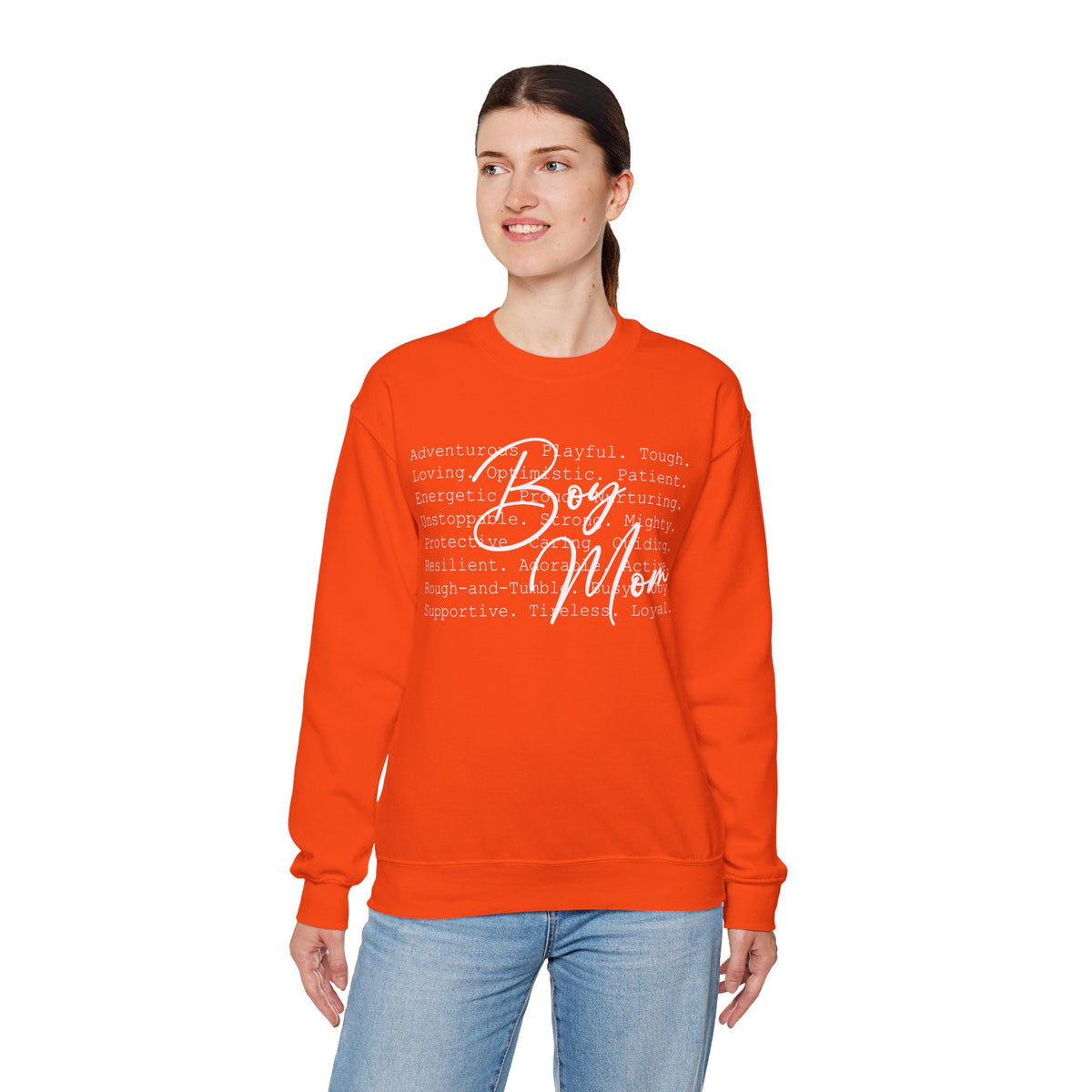 Boy Mom Typography – Gildan Heavy Blend | Trendy Women’s Soft Sweatshirt. Direct to Garment. Printed & Shipped in the USA. Unisex Sizes.