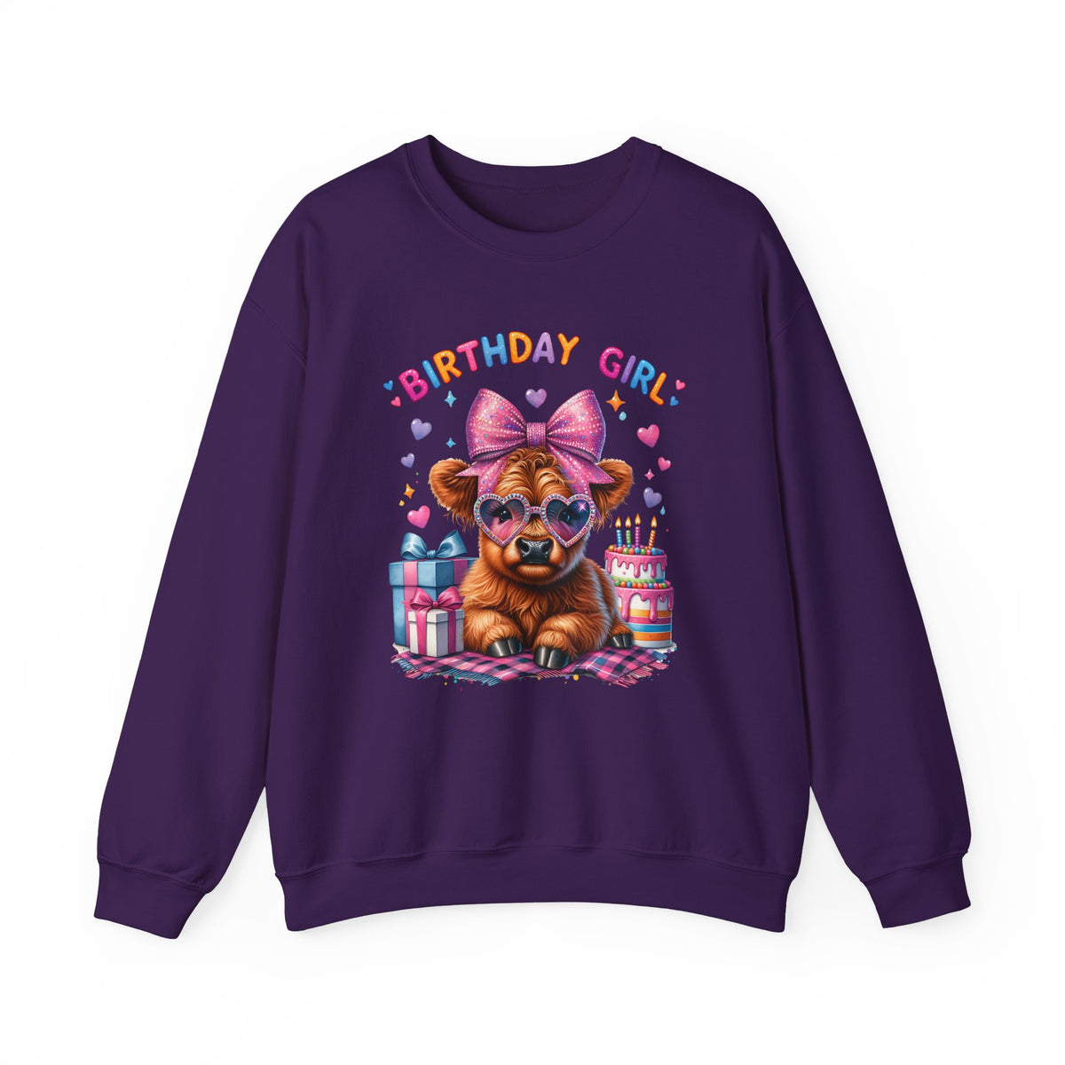 Birthday Girl, Highland Cow – Gildan Heavy Blend | Trendy Women’s Soft Sweatshirt. Direct to Garment. Printed & Shipped in the USA. Unisex Sizes.