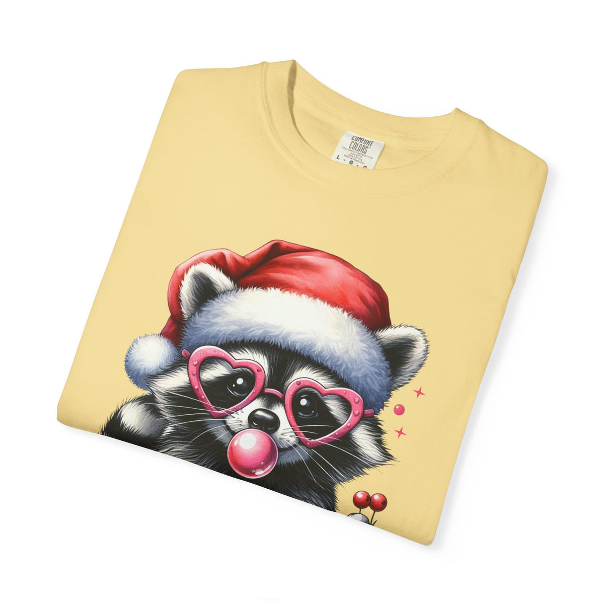 Merry Trashmas Bubblegum Raccoon w/Santa Hat Christmas - Comfort Colors | Trendy Women's T-Shirt. Direct to Garment. Printed & Shipped in the USA. Unisex Sizes.