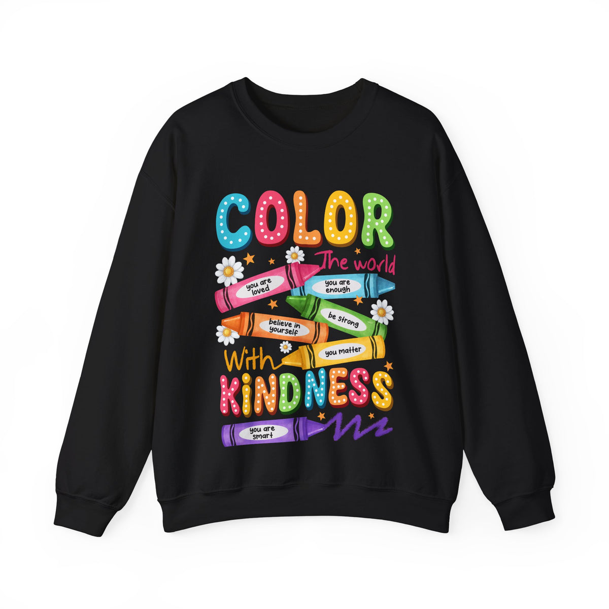 Color the World With Kindness Crayons, Great Teacher Gift – Gildan Heavy Blend | Trendy Women’s and Men's Soft Sweatshirt. Direct to Garment. Printed & Shipped in the USA. Unisex Sizes.