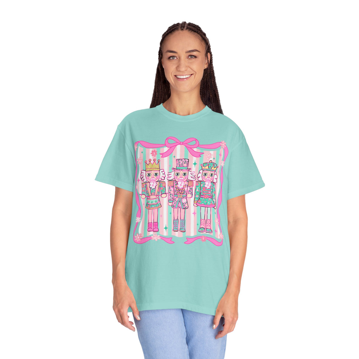 Coquette Pastel Christmas Nutcracker Trio Pink and Green - Comfort Colors | Trendy Women's T-Shirt. Direct to Garment. Printed & Shipped in the USA. Unisex Sizes.