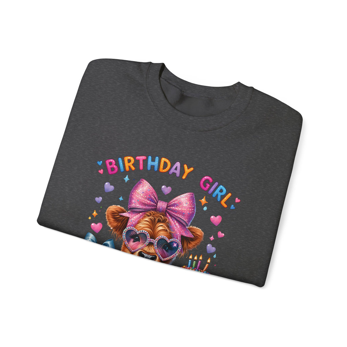 Birthday Girl, Highland Cow – Gildan Heavy Blend | Trendy Women’s Soft Sweatshirt. Direct to Garment. Printed & Shipped in the USA. Unisex Sizes.