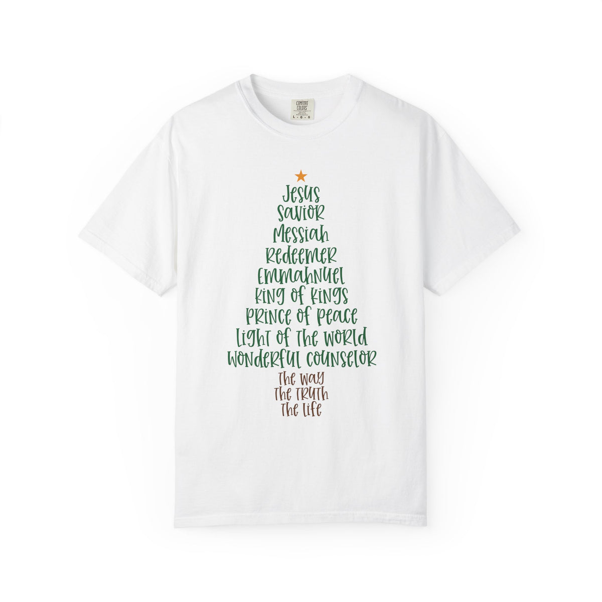 Jesus Name Christmas Tree - Comfort Colors | Trendy Women's T-Shirt. Direct to Garment. Printed & Shipped in the USA. Unisex Sizes.