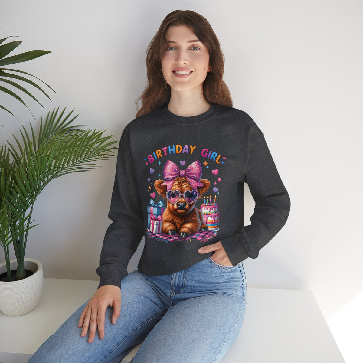Birthday Girl, Highland Cow – Gildan Heavy Blend | Trendy Women’s Soft Sweatshirt. Direct to Garment. Printed & Shipped in the USA. Unisex Sizes.