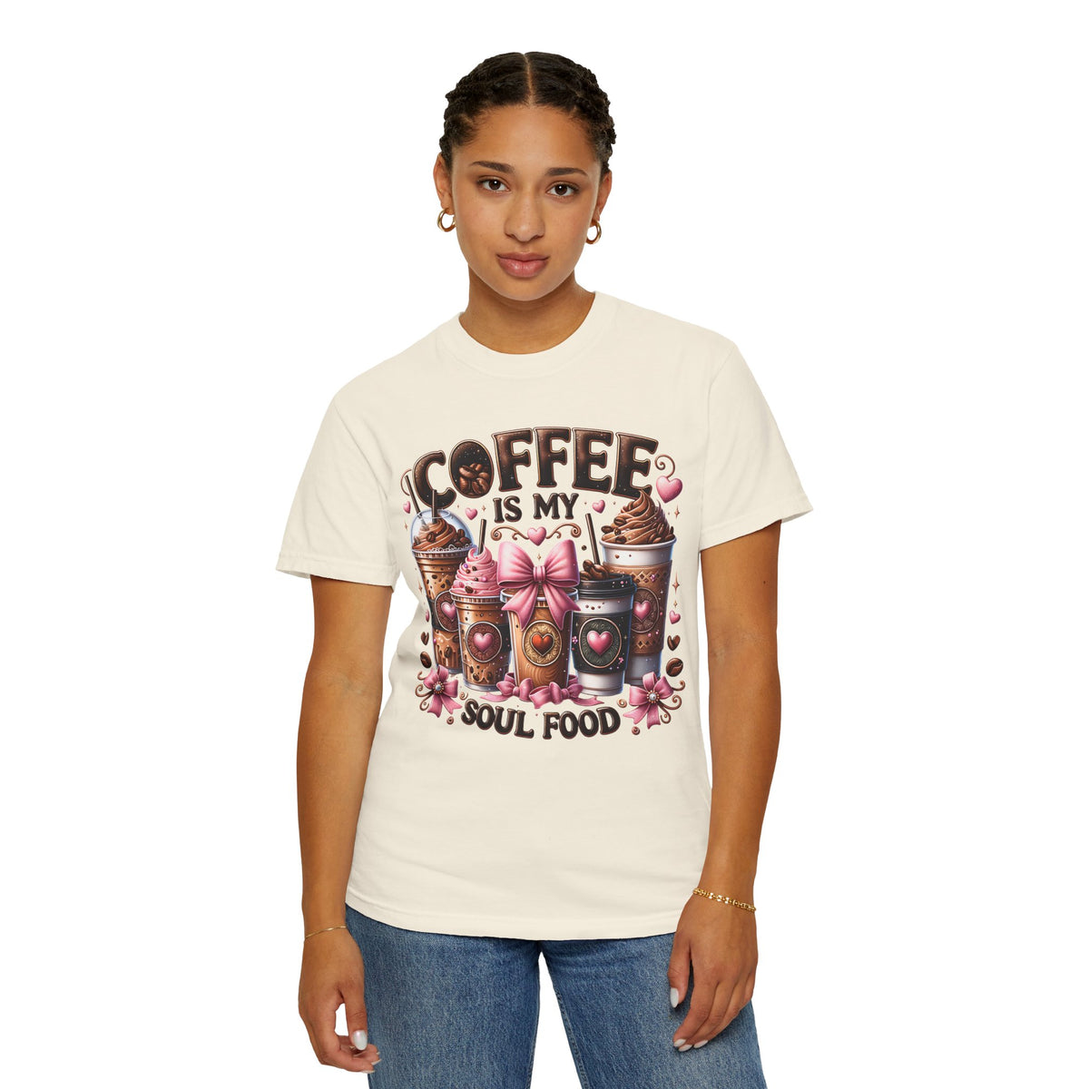 Coffee Is My Soul Food, Iced Coffee, Pink Bow - Comfort Colors | Trendy Women's T-Shirt. Direct to Garment. Printed & Shipped in the USA. Unisex Sizes.