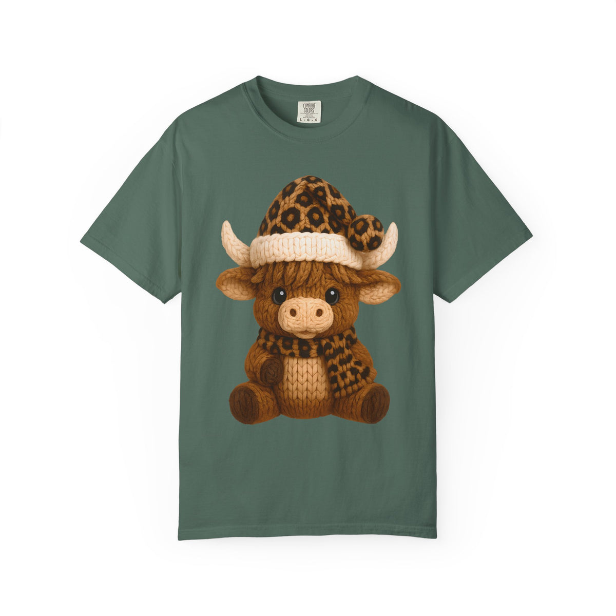 Cute Highland Cow with Leopard Santa Hat Christmas - Comfort Colors | Trendy Women's T-Shirt. Direct to Garment. Printed & Shipped in the USA. Unisex Sizes.