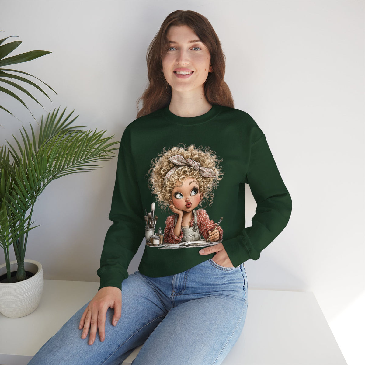 Cute Artist Curly Girl – Gildan Heavy Blend | Trendy Women’s Soft Sweatshirt. Direct to Garment. Printed & Shipped in the USA. Unisex Sizes.