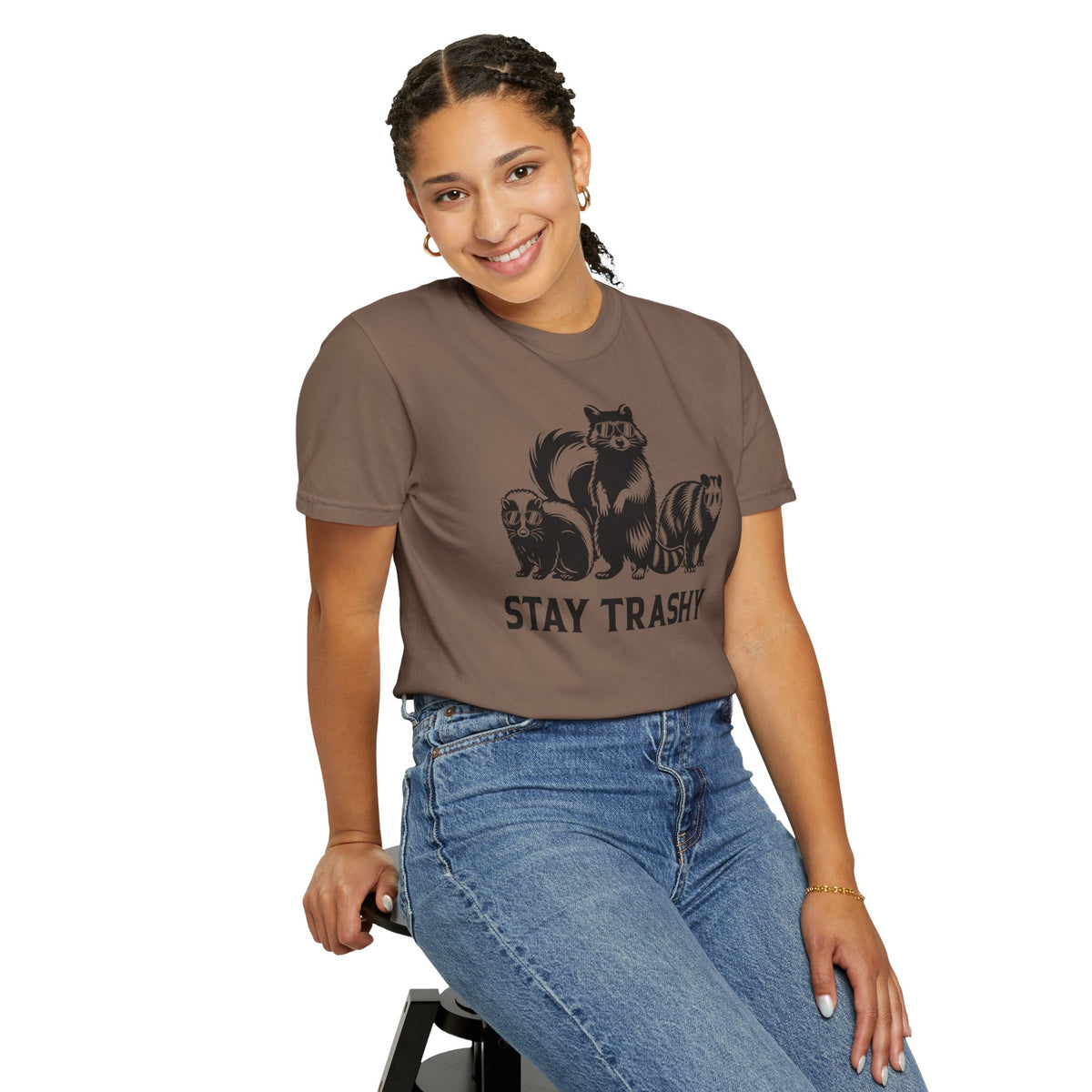 Stay Trashy, Skunk Raccoon Possum - Comfort Colors | Trendy Women's and Men's T-Shirt. Direct to Garment. Printed & Shipped in the USA. Unisex Sizes.