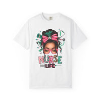 Nurse Life Messy Bun, Cute Stethoscope & Syringe - Comfort Colors | Trendy Women's T-Shirt. Direct to Garment. Printed & Shipped in the USA. Unisex Sizes.