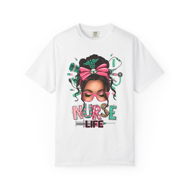 Nurse Life Messy Bun, Cute Stethoscope & Syringe - Comfort Colors | Trendy Women's T-Shirt. Direct to Garment. Printed & Shipped in the USA. Unisex Sizes.
