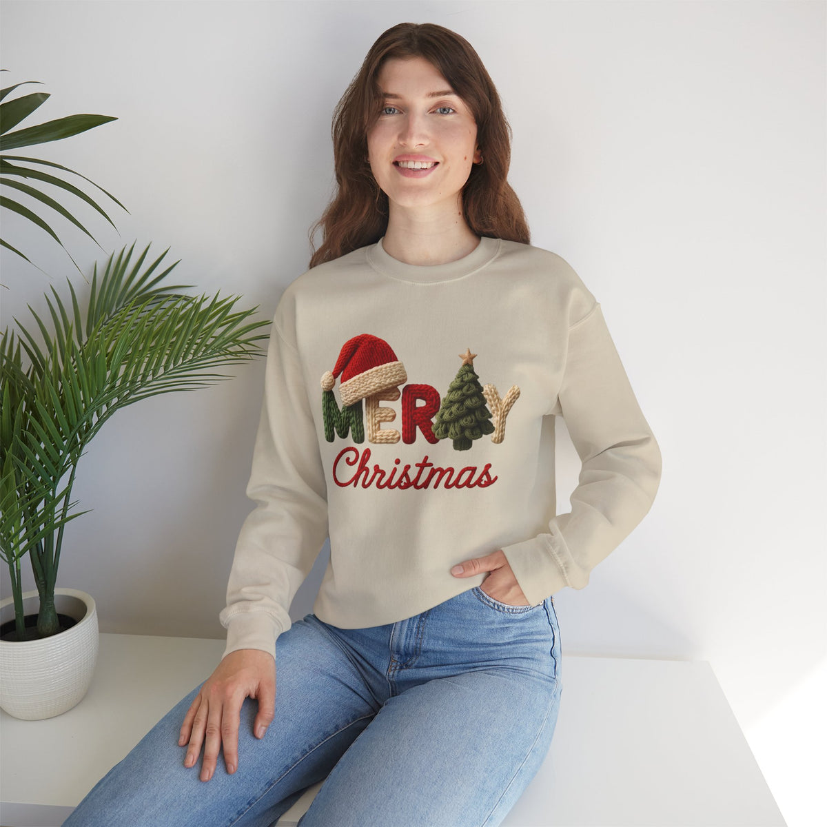 Merry Christmas Faux Yarn w/Santa Hat & Tree – Gildan Heavy Blend | Trendy Women’s Soft Sweatshirt. Direct to Garment. Printed & Shipped in the USA. Unisex Sizes.