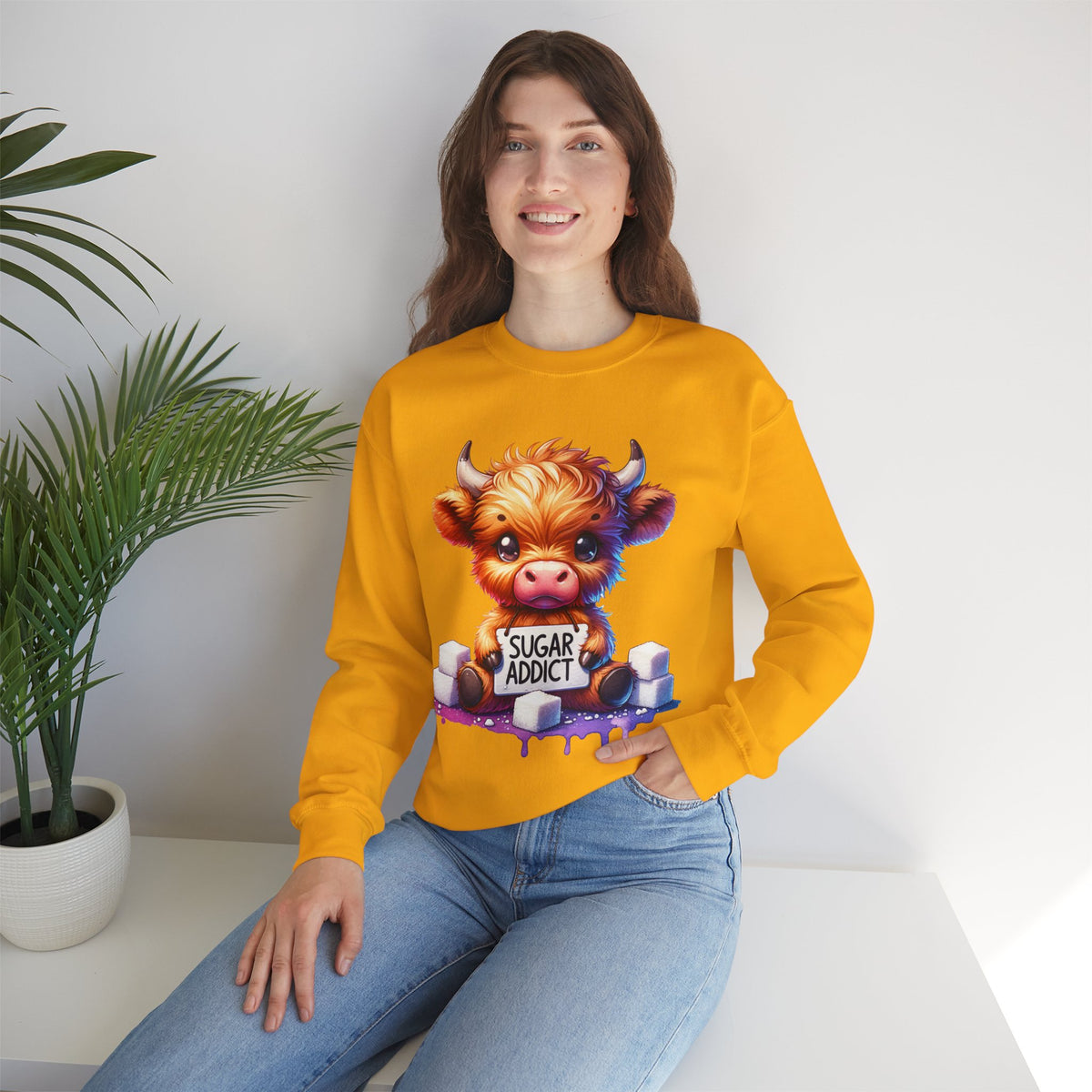 Sugar Addict Highland Cow – Gildan Heavy Blend | Trendy Women’s Soft Sweatshirt. Direct to Garment. Printed & Shipped in the USA. Unisex Sizes.