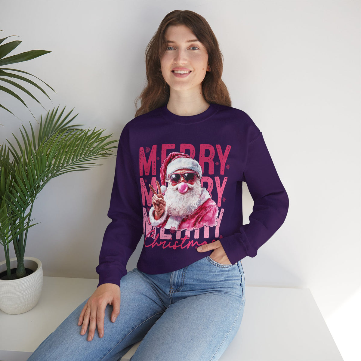 Pink Merry Christmas Bubblegum Santa – Gildan Heavy Blend | Trendy Women’s Soft Sweatshirt. Direct to Garment. Printed & Shipped in the USA. Unisex Sizes.